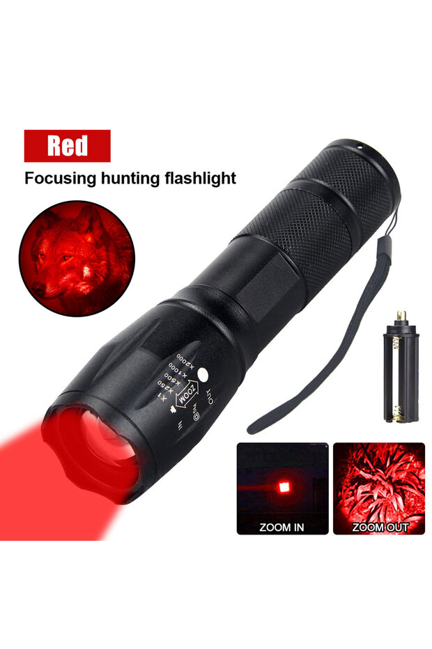ZOOM Red No Battery Tactical Green/Red/White Light LED Hunting Flashlight Zoomable Torch Waterproof