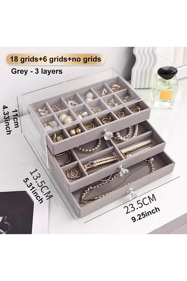 Grey-A 1pc Can Stack 3 Layers of Beige/Gray Drawer Style Jewelry Box Earrings Rings Necklaces Bracel