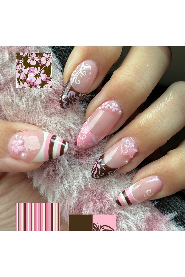 Style 1 24Pcs Almond Shape False Nails Brown Stripes Pink Flowers Fake Nails Wearable Full Cover Nai