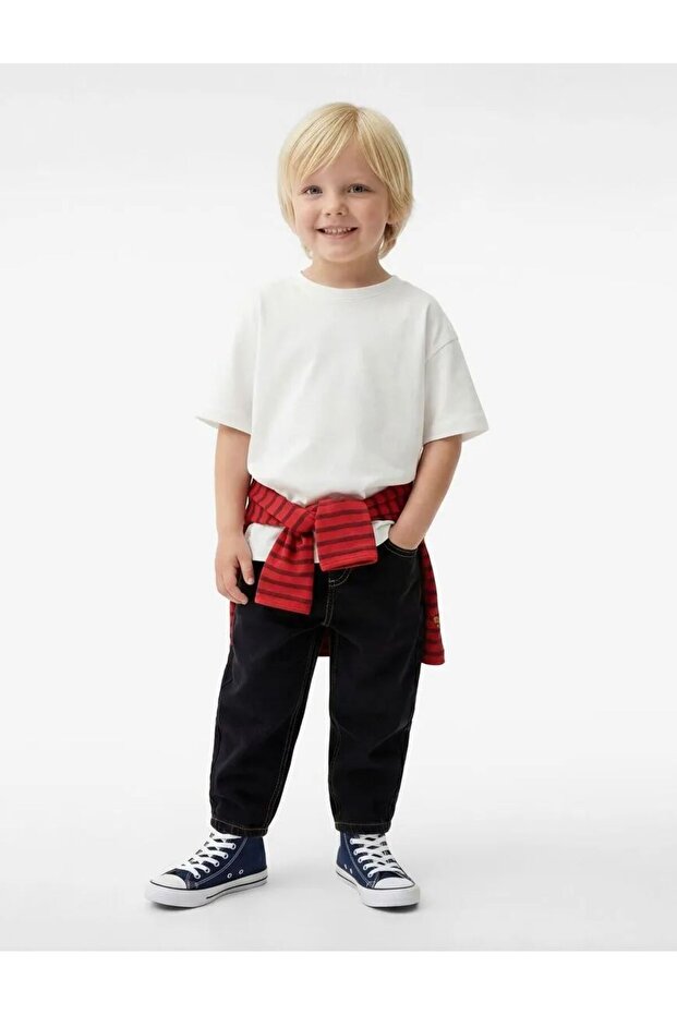 Cotton Relaxed Fit Denim Trousers with Elasticated Waist and Buttons