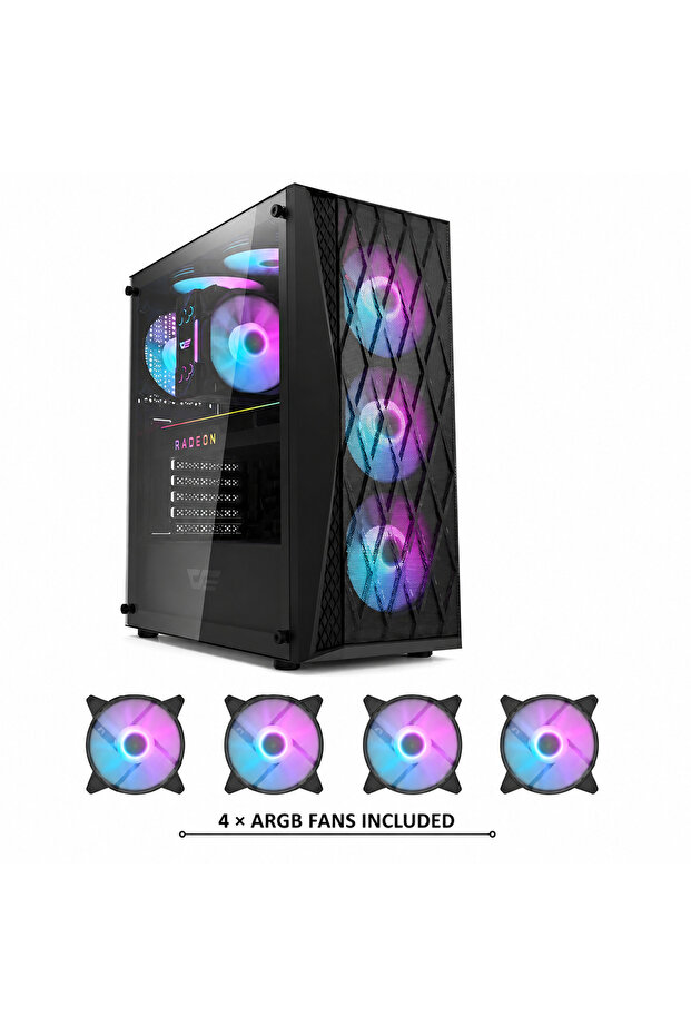 DK352 Mesh ATX/M-ATX/ITX Gaming PC Case, 4 ARGB Fans, 360mm Radiator, 330mm GPU, Black