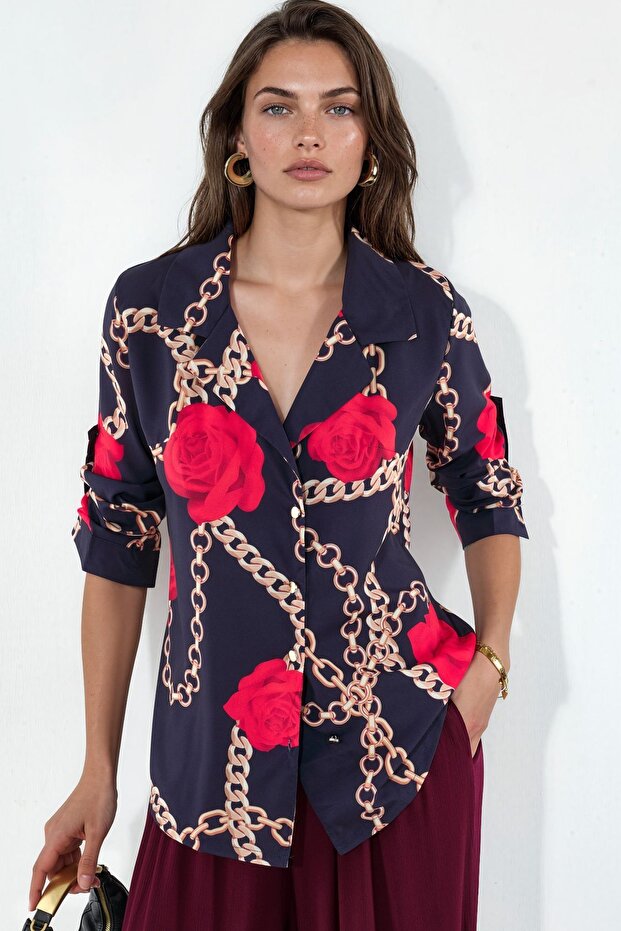 Msn Floral Patterned Crepe Buttoned Shirt
