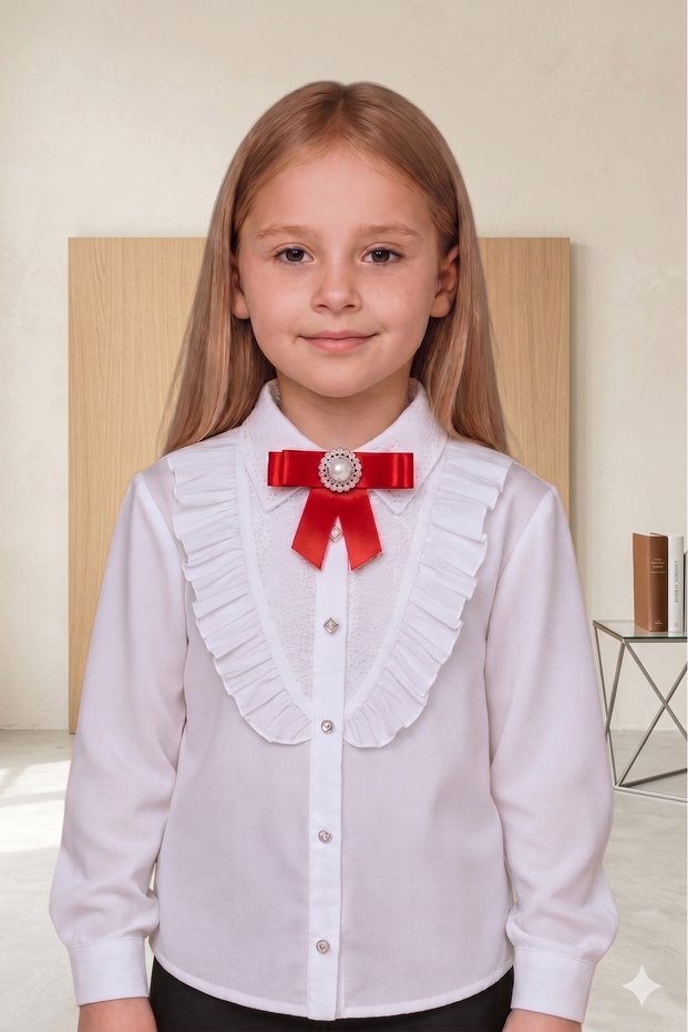 Long Sleeved Girls' White Shirt / School Shirt with Embroidered Collar and Chest