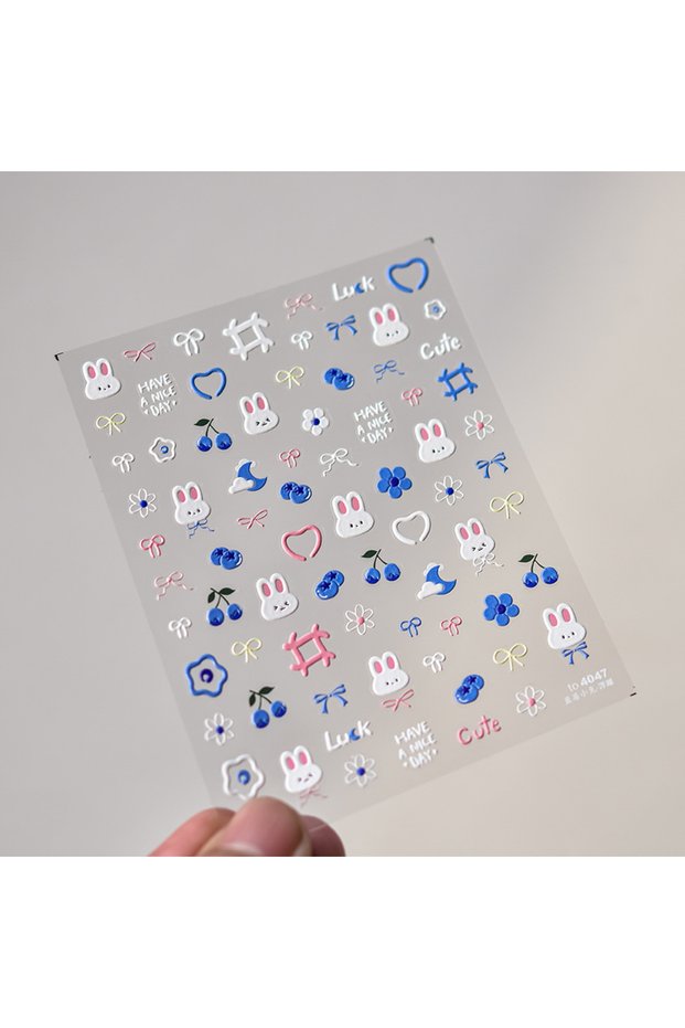 1pcs 1pcs 5D Kawaii Rabbit Nail Stickers Embossed Cartoon Pink Blue Flower Adhesive Nail Art Decorat