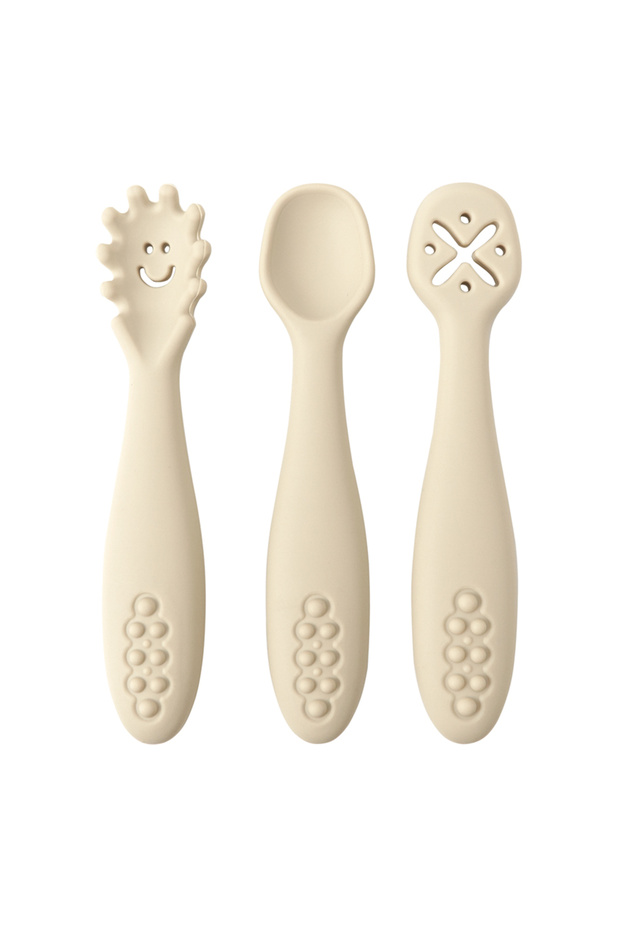 004-beach-sand 3PCS Silicone Spoon Fork For Baby Utensils Set Feeding Food Toddler Learn To Eat Trai