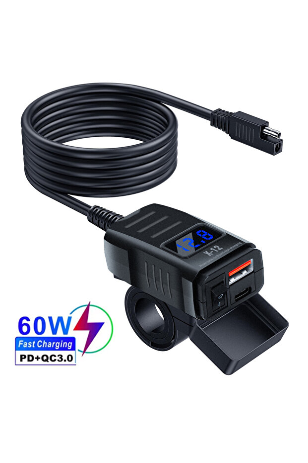 شاحن USB سريع للدراجات النارية PD QC3.0 بقوة 60 واط مع مقبس USB مزدوج للمقود ومفتاح ومؤشر فولت