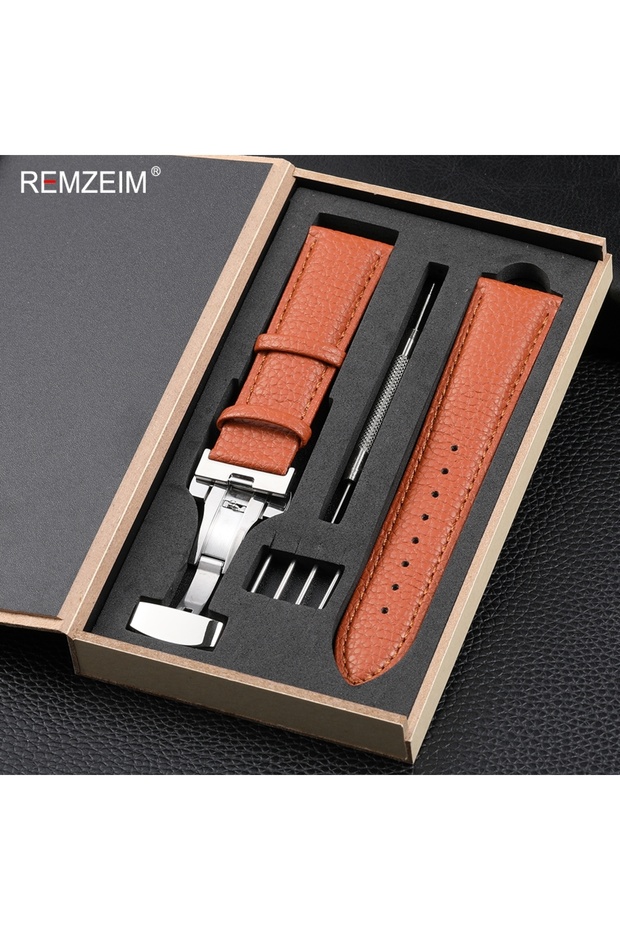 20mm light brown Litchi Pattern Design Leather Wrist Band 18mm 20mm 22mm Men Women Strap with Butter