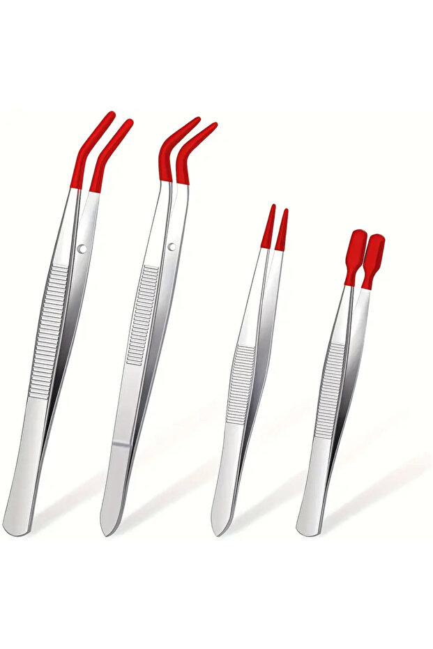 Red 4 pcs 1/2/4pcs Tweezers With Tips Tweezers PVC Silicone Coated Non Marring Flat Tip Bent ...