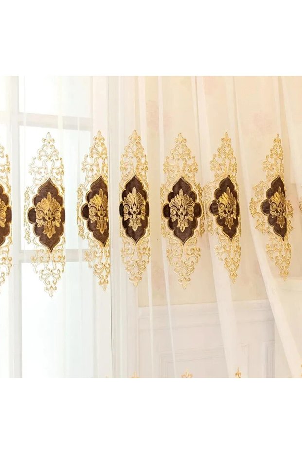Rod Pocket W100cmXH 200cm 1pc Coffee tulle American Luxury Peony Embroidery Tulle Curtain For Living