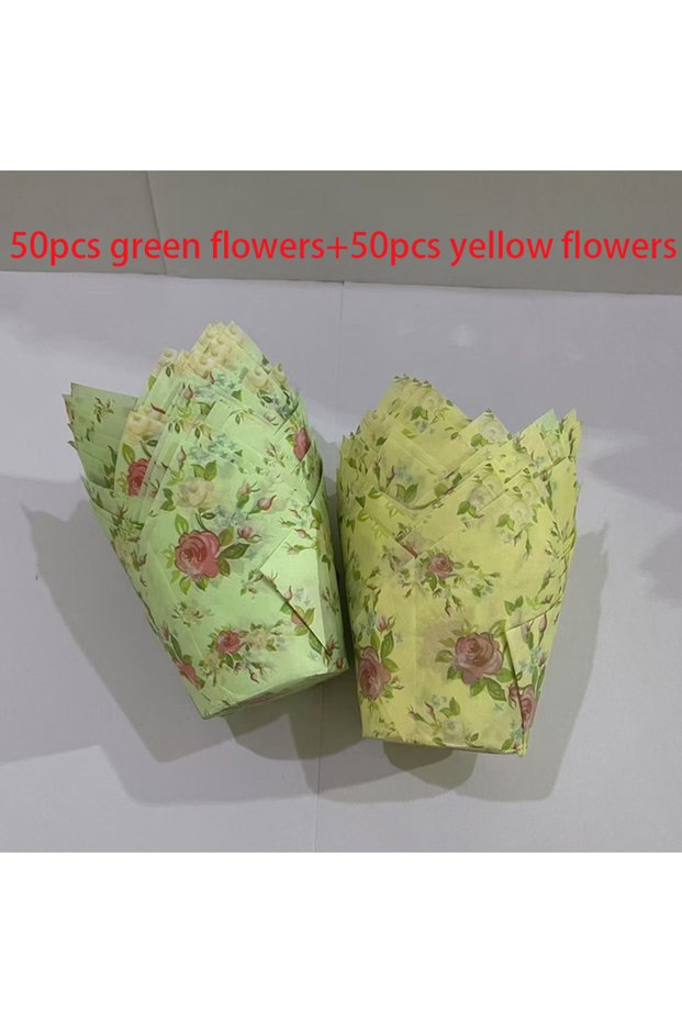 Lvhua50Huanghua50 100Pcs Floral Pattern Tulip Cake Cups, Including Green Flowers, Blue Flowers, Yell