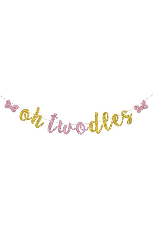 golden Oh Twodles Banner - Happy 2nd Birthday Party Decor for Girls - Cartoon Mouse Theme 2nd Birthd