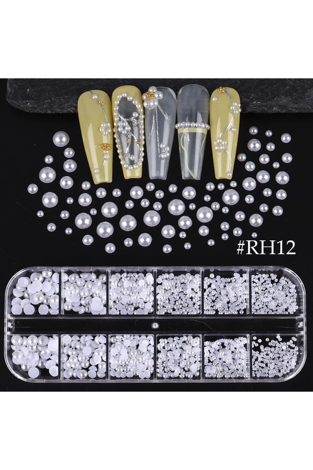 RH12 1Box 3D Pearls White Nail Flatback Beads Rhinestone Mix Sizes Nail Tips Beauty Nail Art Decorat