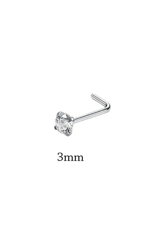 A Silver 3mm 1Piece Surgical Steel Crystal CZ Nose Ring L Shape Nose Studs Square Nostril Nose Pierc