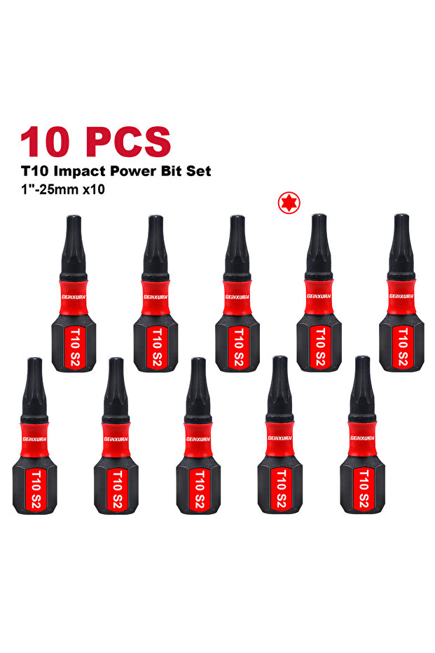 1Inches 10PCS Geinxurn 1 In.Impact Tough Magnetic Power Bit Set,Torx Head Power Bits,S2 Alloy Steel