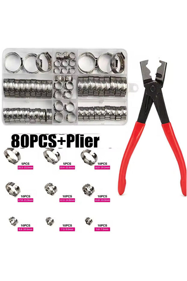set2 45/80/130pcs Stainless Steel Ear Clamps, Worm Drive Hose Clips, Fuel & Water Pipe Clamps + 1pc