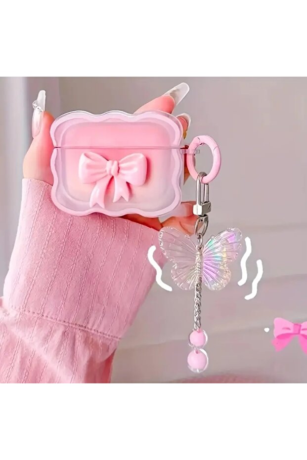 For Airpods pro-pro2 Pink INS Wave Bow Transparent Case Stars Wave Gradient Pink Bow Headphone Cover