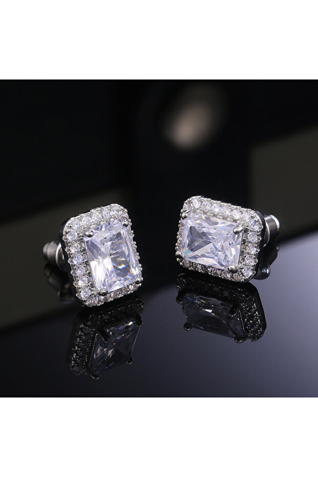 WHITE E442 Huitan Delicate Women Stud Earrings Square Shape Shiny Cubic Zircon Luxury Earring for Pa