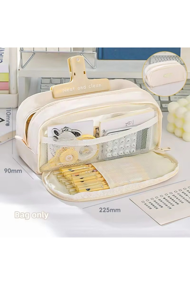 Beige Stylish and Practical Pencil Bag with Large Capacity and Multiple Sections for Stationery Stor