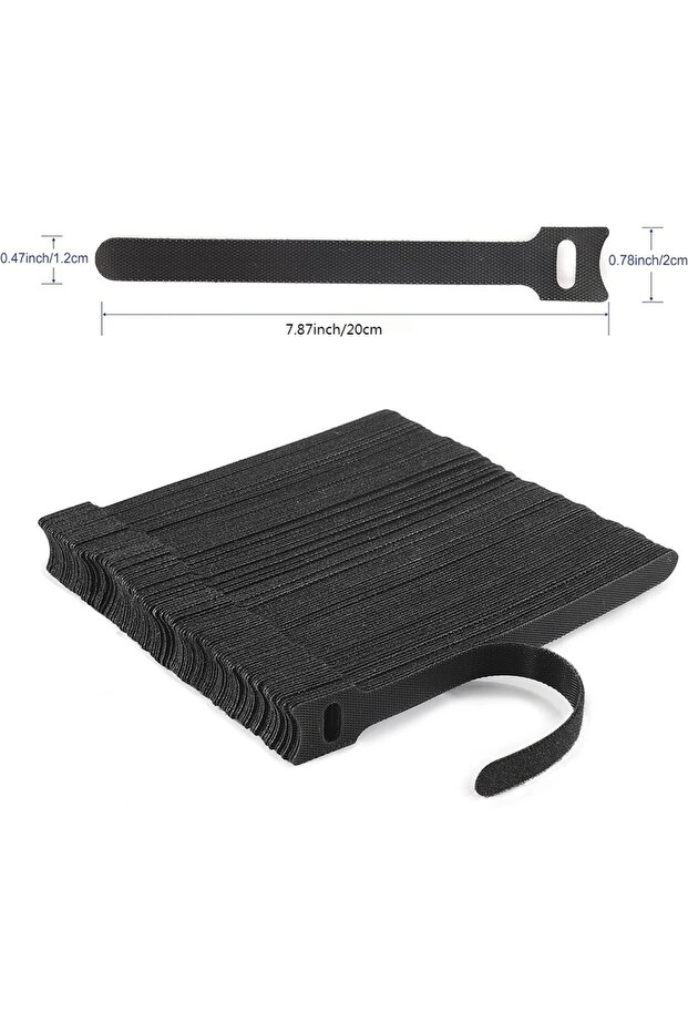 50PCS 12x200mm Black Releasable Cable Ties Nylon Loop Hoop Fastener Tape Cord Straps Wire Organizer