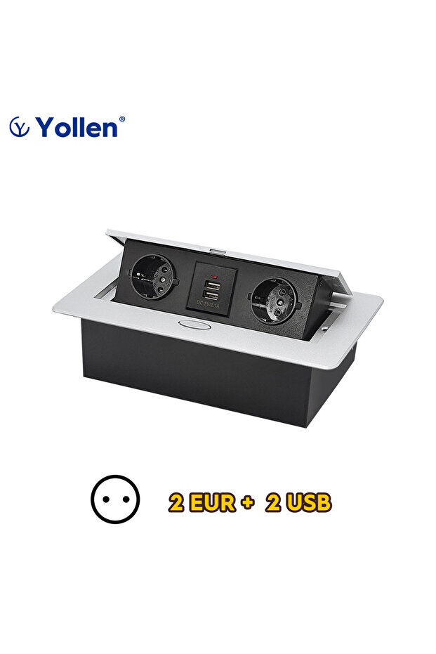 2EUR USB Silver All Aluminum Panel EU Standard Hidden Type Table Socket 3 Way Electrical Outlet Modu