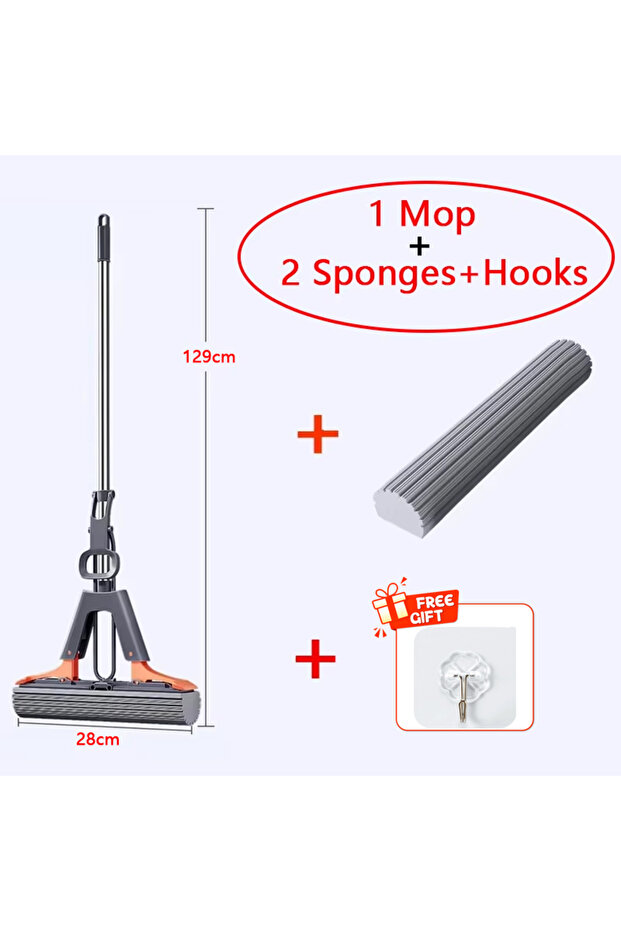 ممسحة 1Mop 2 Sponge - ممسحة كولوديون قابلة للطي مع خطاف، رأس قطني قابل للعصر للغسيل اليدوي بدون ماء، قابلة للاستبدال للاستخدام المنزلي