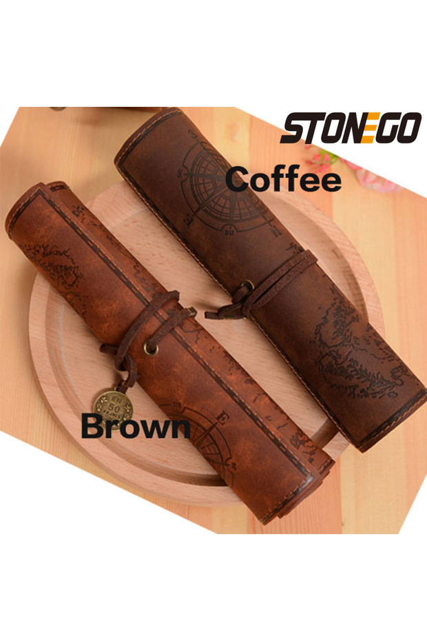 Brown STONEGO Retro Treasure Map Leather Pen Bag Popular Roll Case Bag Vintage Style Roll Pencil Cas