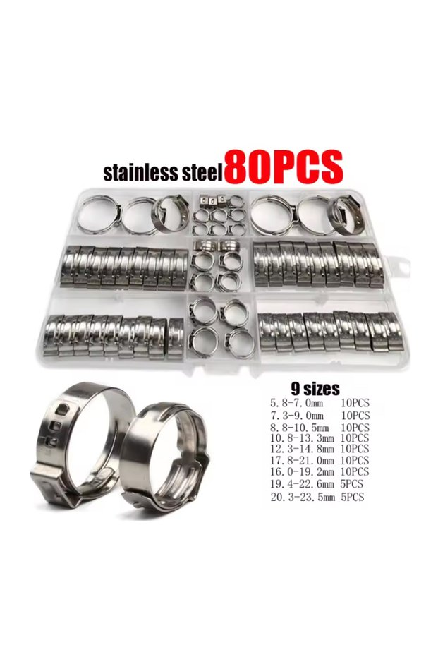 80pcs 45/80/130pcs Stainless Steel Ear Clamps, Worm Drive Hose Clips, Fuel & Water Pipe Clamps + 1pc