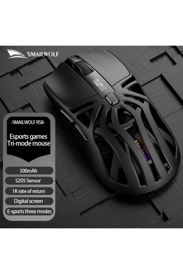 ماوس بلوتوث RS8 أسود من SMAILWOLF، 1000 هرتز، 10000 نقطة في البوصة، اتصال ثلاثي الأوضاع، خفيف الوزن مع وظائف ماكرو.
