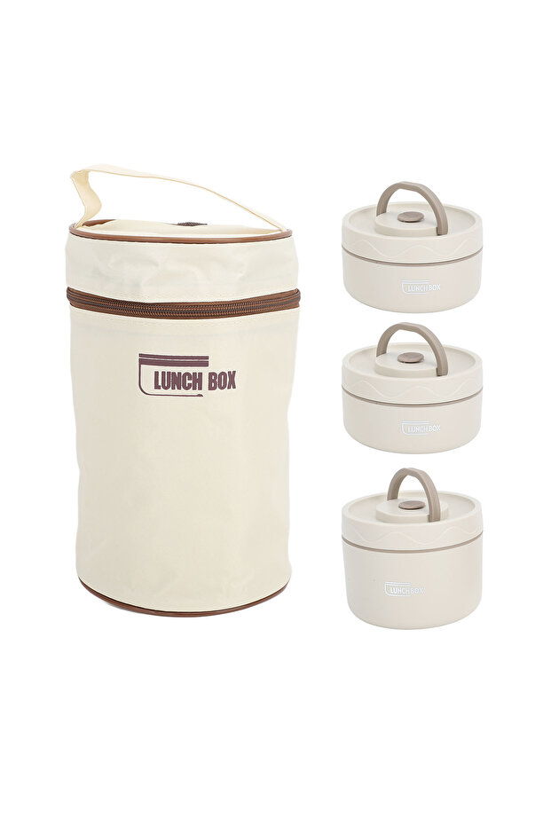 Beige 3Pcs Insulated Lunch Container Box 304 Stainless Steel Sealed Multifunction Portable Round The