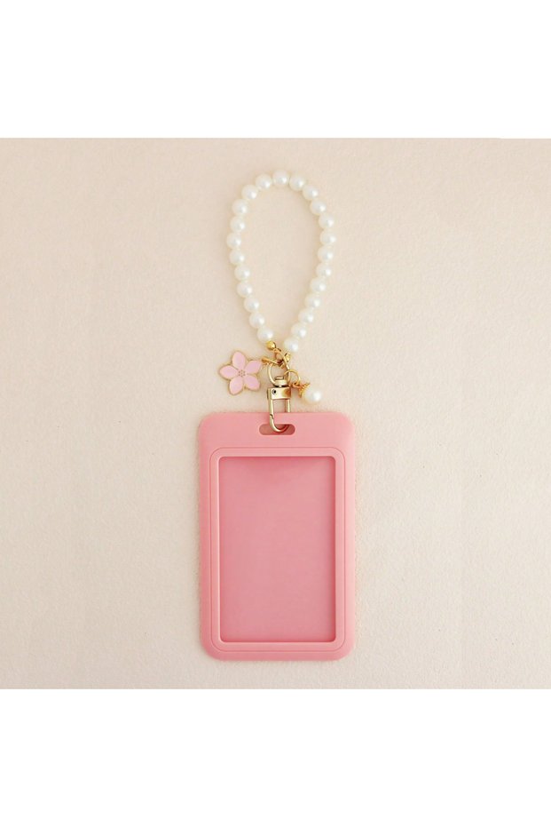 Pink Cute Pearl Keychain Wristlet Lanyard with ID card Holder and Metal Edge Flower Accessories Eleg