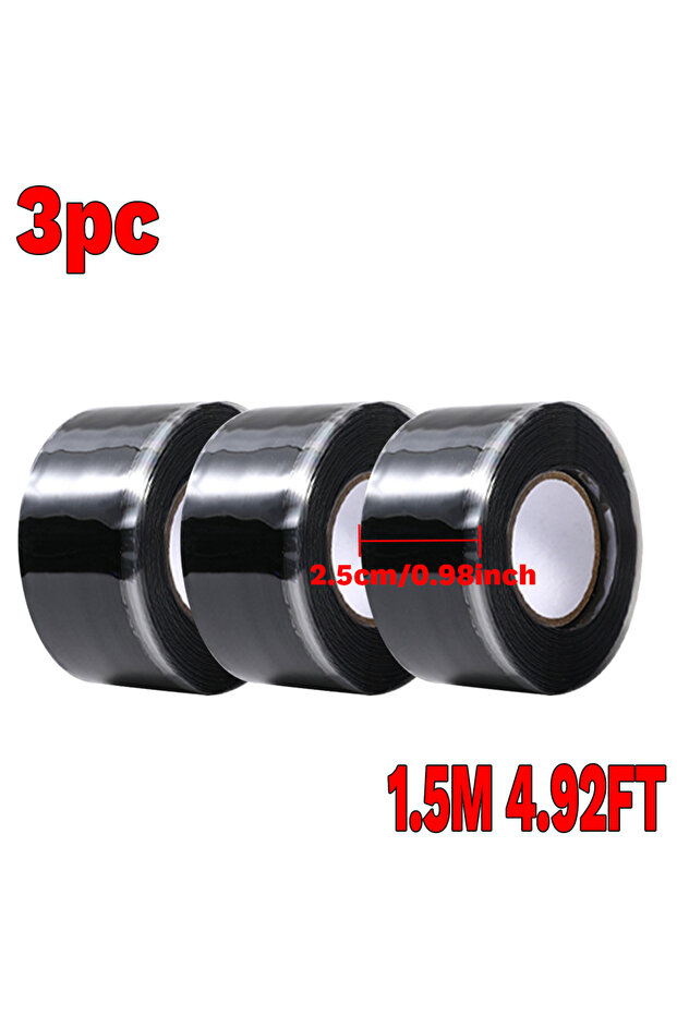 black 3pc Self Sealing Fusing Silicone Tape,Waterproof Hose Tape Pipe for Water Emergency Pipeline R