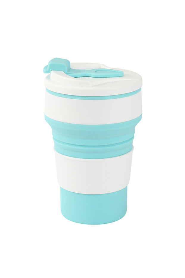 Blue 350ML Food-Grade Silicone Folding Cup, With Lid, Reusable Portable Coffee Cup, Hot Drink ,Suita