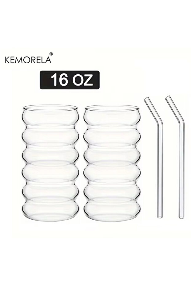 401-500ml 2PCS 500ML 1/2/4PCS Wave Shape Beverage Glasses With Straws Vintage Glass Cups Ripple Drin