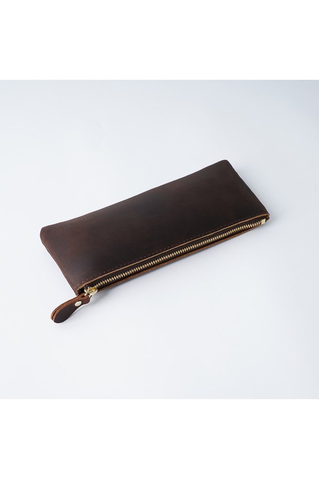 Coffee Vintage Genuine Leather Zippered Pencil Case Cowhide Stationery Organizer Pen Holder Writing