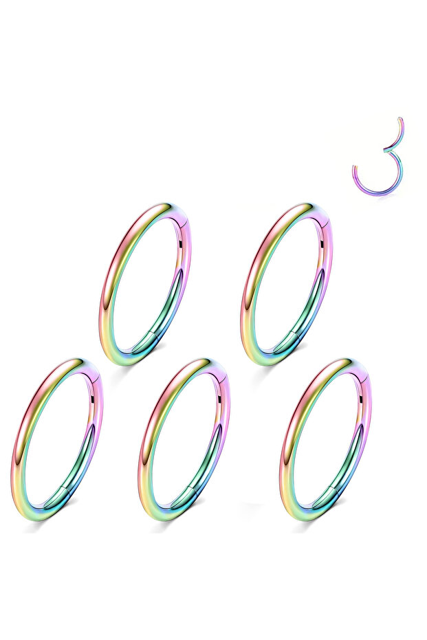 16G(1.2mm-Dia.8mm) 5PCS-Rainbow Hinged Nose Ring Hoop Septum Hoop Ring Tragus Rook Ring Piercing Je