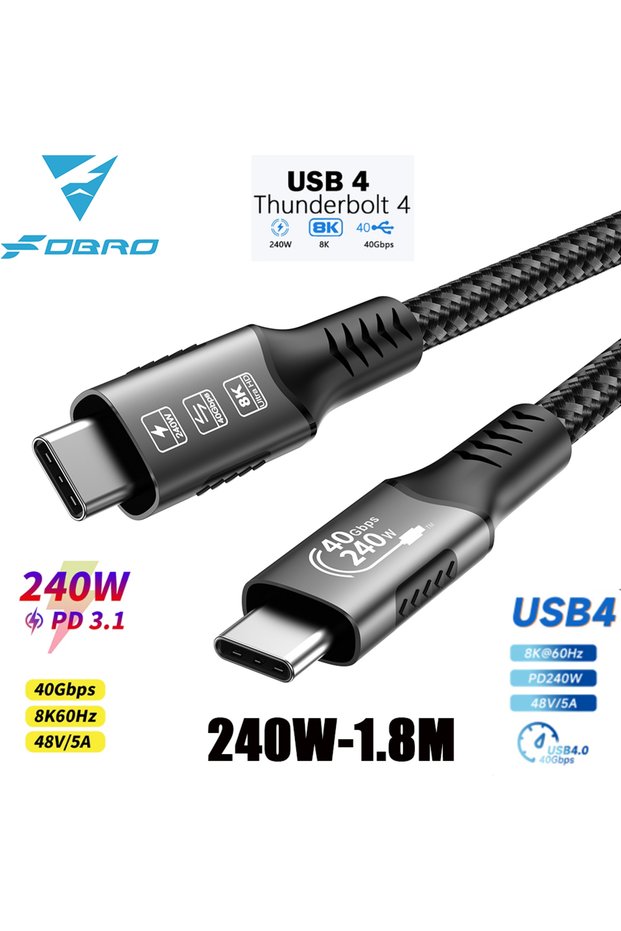 240W-1.8M 8K USB4 Type C Cable 40Gbps 240W PD3.1 QC4.0 For Samung Thunderbolt 4 Fast Charging Cable