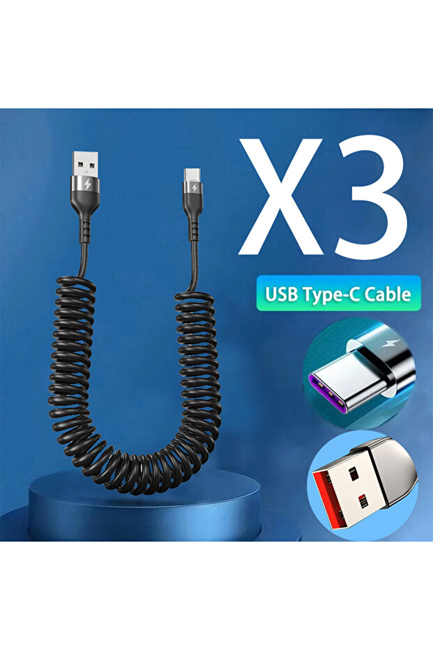 1m Black USB C x3 Car USB Type C/Type C to Type C/USB LIGHTNING Fast Charging Spring Telescopic Cabl