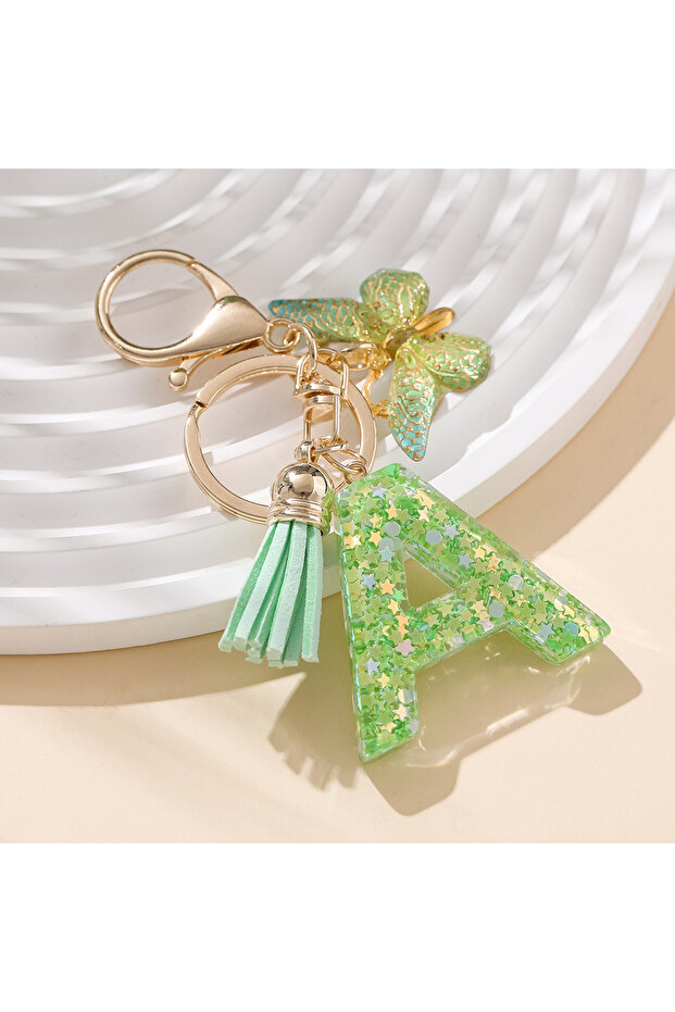 A 1pc Cute Color Initial Letter A-Z Resin Green Butterfly Lobster Key Ring Key Chains DIY Crafts Jew