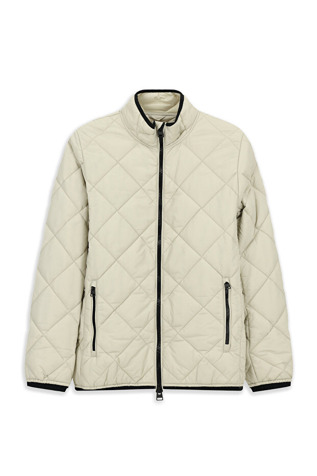 Windproof Quilted Sports Coat with Stand Collar and Zippered Pockets