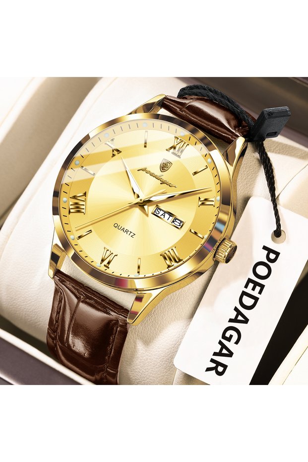 978 Gold Gold POEDAGAR Luxury Business Wristwatch For Men Date Week Leather Quartz Male Watch Waterp