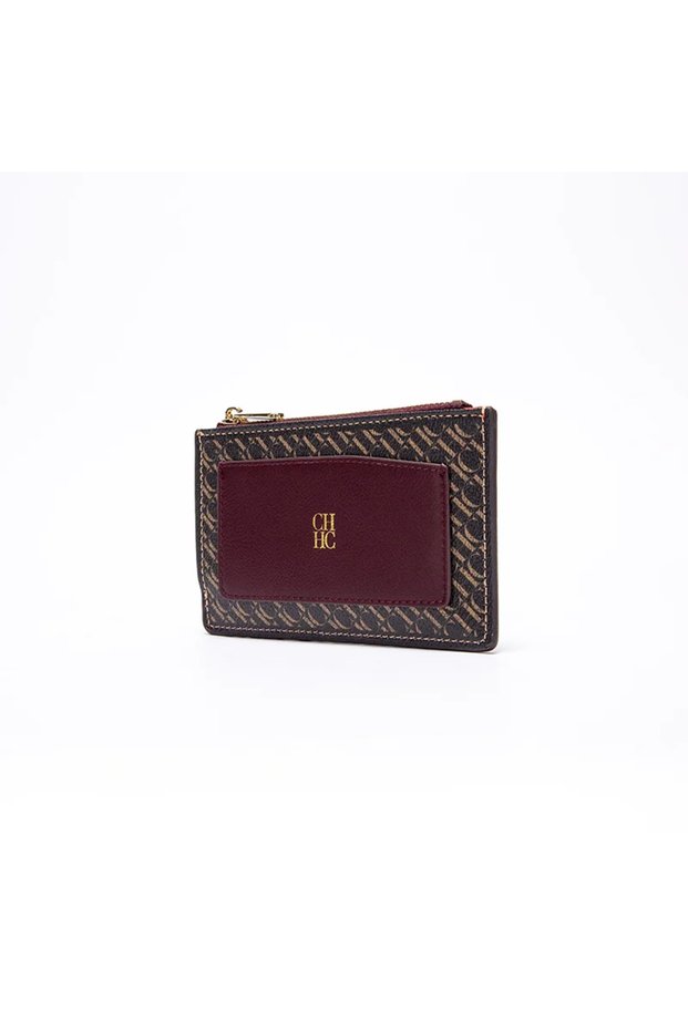 CA5-C13-COFFEE-WINE CH Embossed PU Leather Card Holder Women Zipper Coin Purse Slim ID W
