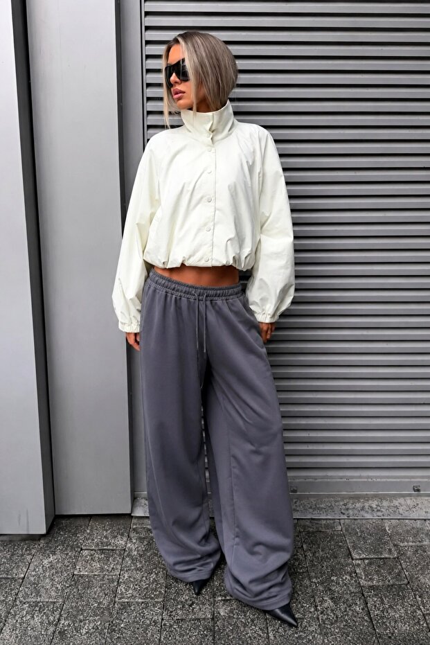 Smoked Adjustable Waist Wide Leg Relaxed Cut Basic Women's Sweatpants Mg2122