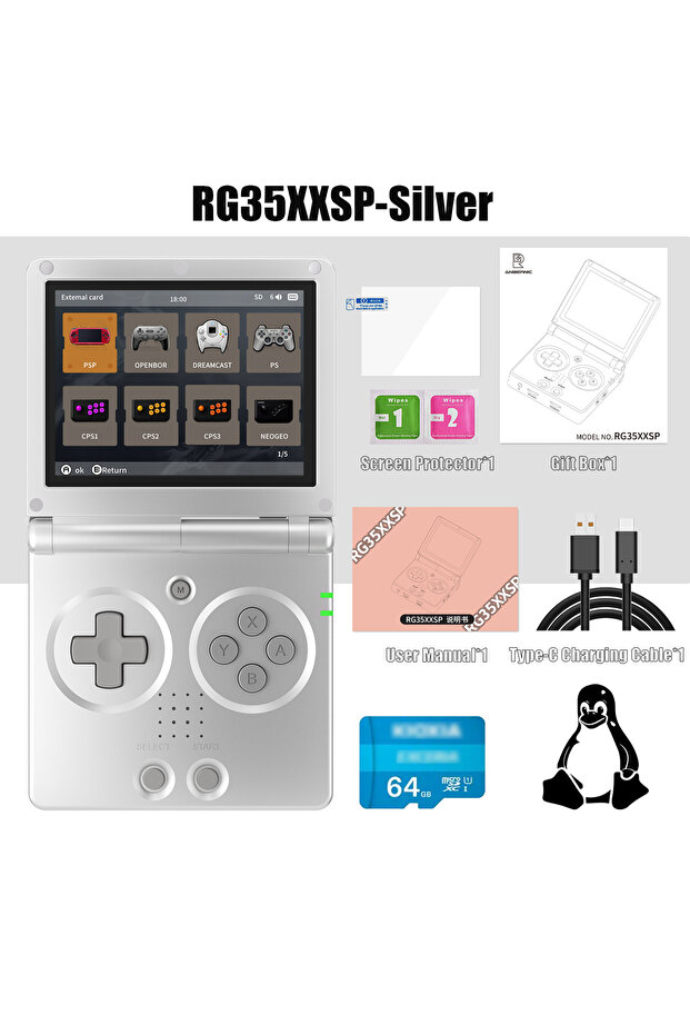 64G(5K Games) Silver Anbernic NEW RG35XXSP Flip Handheld Game Console 3.5 Inch IPS Clamshell Video G