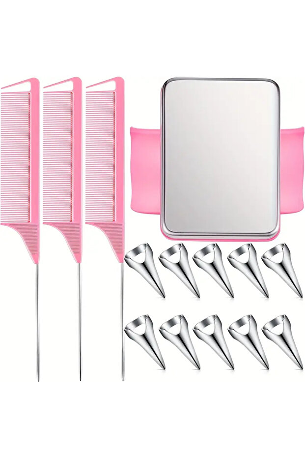 13pc-pink comb wc 10pcs Hair Parting Ring Set with 3 Steel Rat Tail Braiding Combs, Magnetic Wrist P