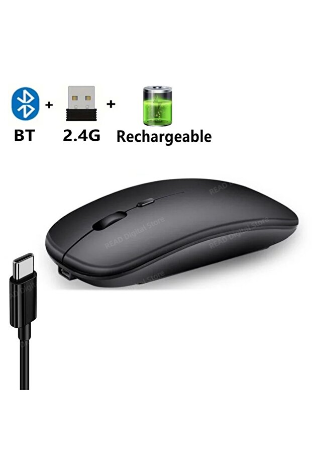 ماوس لاسلكي نحيف من Charge-Black متوافق مع تقنية البلوتوث 2.4G، فأرة كمبيوتر محمولة قابلة لإعادة الشحن/البطارية