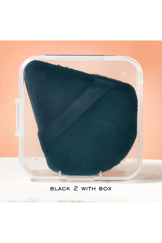2PCS-HSJFP-BLACK 2/6Pcs Velour Puff & Fan Set w/Ergonomic Case | Hydrophilic Blenders for Cream/Powd