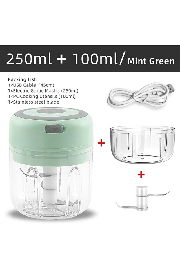 105-2Cups-Green 100ML/250ML Electric Meat Mincer Garlic Chopper Rotate Garlic Press Crusher Vegetab