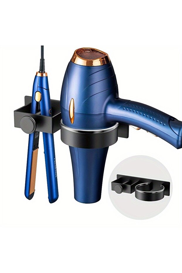 Black No Drill InstallationWall-Mounted Hair Dryer & Straightener Storage Rack Durable Aluminum Mod