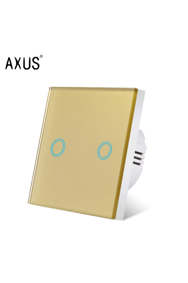 مفتاح لمس AXUS EU ذهبي ثنائي العصابة بتيار متردد 100-240 فولت، لوحة إضاءة خلفية LED، زجاج كريستالي مقوى، مصباح حائط