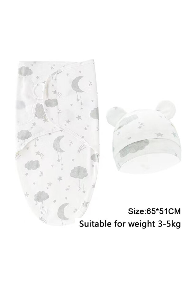 0-6M DARK GRAY Baby Blanket Hat Set Cartoon Printed Cotton Newborn Swaddle Adjustable Infant Sleepin